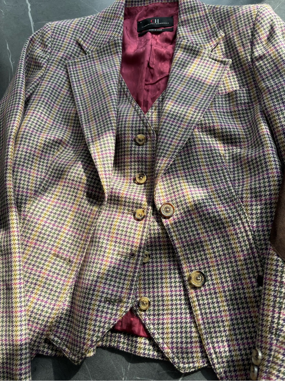 Carolina Herrera Spain Houndstooth Wool Blazer attached Vest multi Suiting lux - Picture 2 of 6